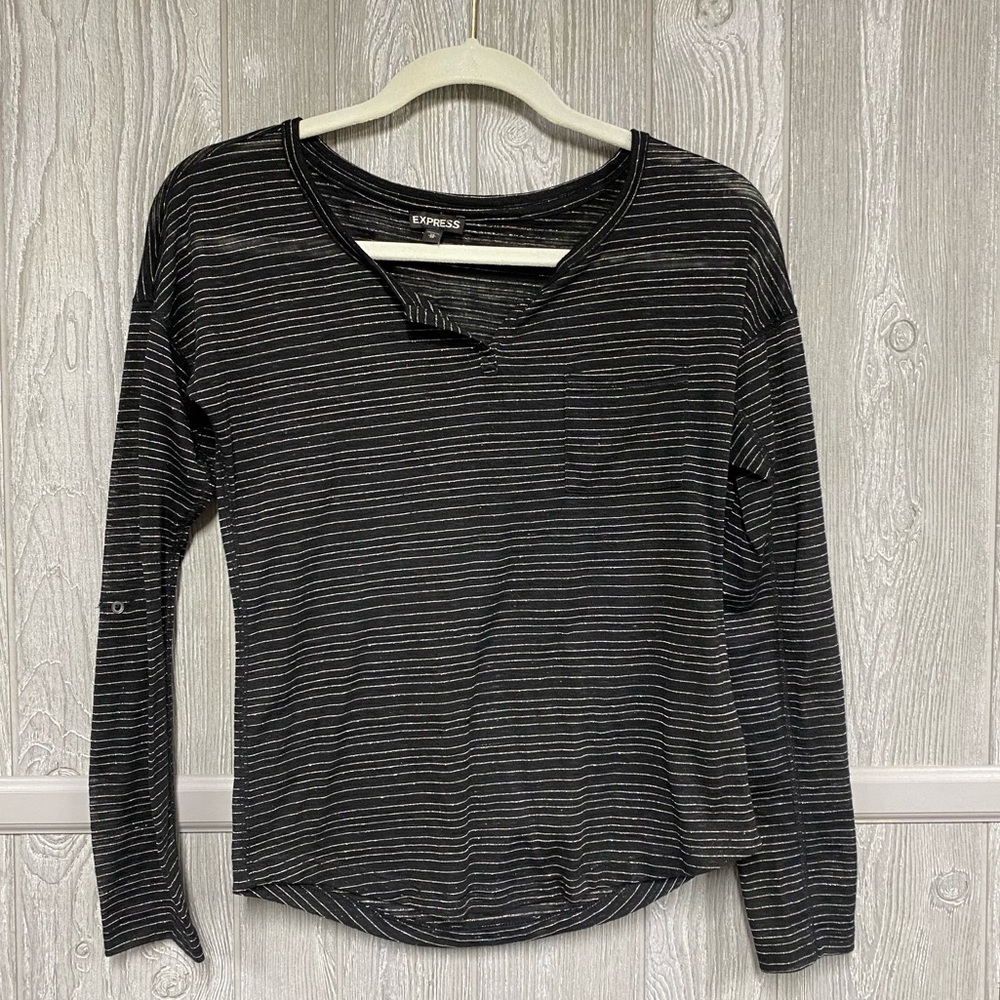 Black & Silver Express Sheer Long Sleeve Shirt Size XS EUC